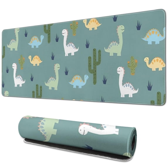 Long Mouse Pads for Desk,LightBlue Cartoon Dinosaurs Cacti Desk Mats on Top Of Desks, Desk Mouse Pad Extra Large with 3mm Non-Slip Base and Stitched Edge for Gaming,Work,Home 31.5"x11.8"