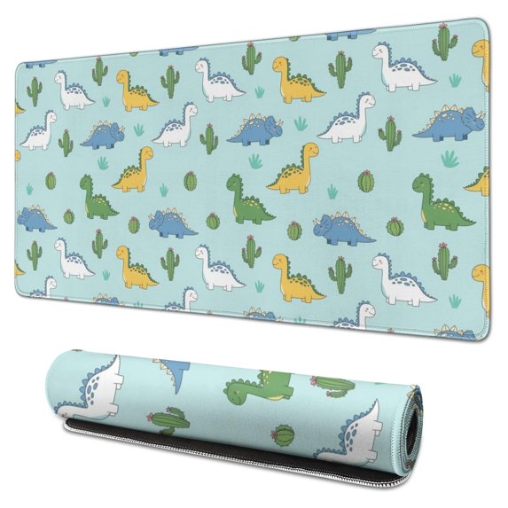 Long Mouse Pads for Desk,LightBlue Cartoon Dinosaurs Cacti Desk Mats on Top Of Desks, Desk Mouse Pad Extra Large with 3mm Non-Slip Base and Stitched Edge for Gaming,Work,Home 31.5"x15.7"