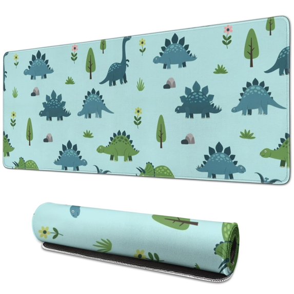 Long Mouse Pads for Desk,LightBlue Cartoon Dinosaurs NatureElements Desk Mats on Top Of Desks, Desk Mouse Pad Extra Large with 3mm Non-Slip Base and Stitched Edge for Gaming,Work,Home 31.5"x11.8"