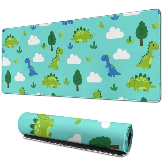 Long Mouse Pads for Desk,LightBlue Cartoon Dinosaurs Trees Clouds Desk Mats on Top Of Desks, Desk Mouse Pad Extra Large with 3mm Non-Slip Base and Stitched Edge for Gaming,Work,Home 31.5"x11.8"