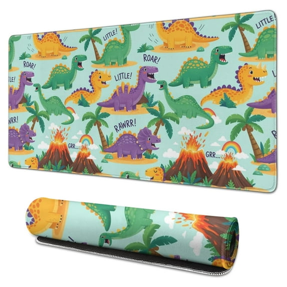 Long Mouse Pads for Desk,LightBlue Cartoon Dinosaurs Volcanoes Desk Mats on Top Of Desks, Desk Mouse Pad Extra Large with 3mm Non-Slip Base and Stitched Edge for Gaming,Work,Home 31.5"x15.7"
