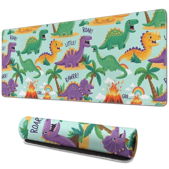 Long Mouse Pads for Desk,LightBlue Cartoon Dinosaurs Volcanoes Desk Mats on Top Of Desks, Desk Mouse Pad Extra Large with 3mm Non-Slip Base and Stitched Edge for Gaming,Work,Home 31.5"x11.8"