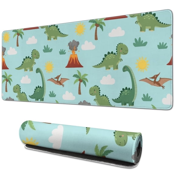Long Mouse Pads for Desk,LightBlue Dinosaurs Volcanoes Pattern Desk Mats on Top Of Desks, Desk Mouse Pad Extra Large with 3mm Non-Slip Base and Stitched Edge for Gaming,Office,Work,Home 31.5"x11.8"