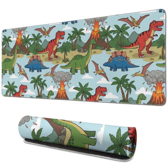 Long Mouse Pads for Desk,LightColor Dinosaurs Volcanoes Pattern Desk Mats on Top Of Desks, Desk Mouse Pad Extra Large with 3mm Non-Slip Base and Stitched Edge for Gaming,Office,Work,Home 31.5"x11.8"