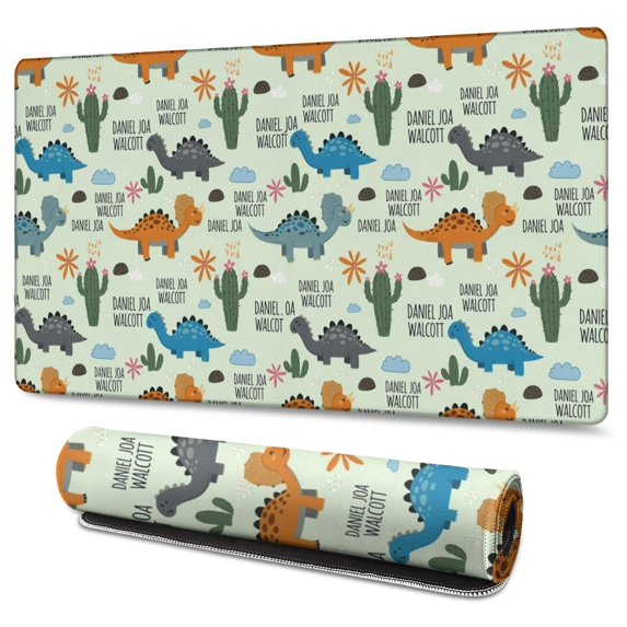 Long Mouse Pads for Desk,LightGreen Cartoon Dinosaurs Cactuses Desk Mats on Top Of Desks, Desk Mouse Pad Extra Large with 3mm Non-Slip Base and Stitched Edge for Gaming,Work,Home 47.3"x23.6"