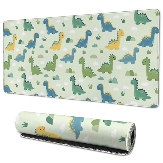 Long Mouse Pads for Desk,LightGreen Cartoon Dinosaurs Clouds Desk Mats on Top Of Desks, Desk Mouse Pad Extra Large with 3mm Non-Slip Base and Stitched Edge for Gaming,Work,Home 35.4"x15.7"