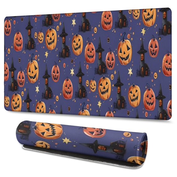 Long Mouse Pads for Desk,Magical Pumpkin Castle Halloween Pattern Desk Mats on Top Of Desks, Desk Mouse Pad Extra Large with 3mm Non-Slip Base and Stitched Edge for Gaming,Office,Work,Home 47.3x23.6in