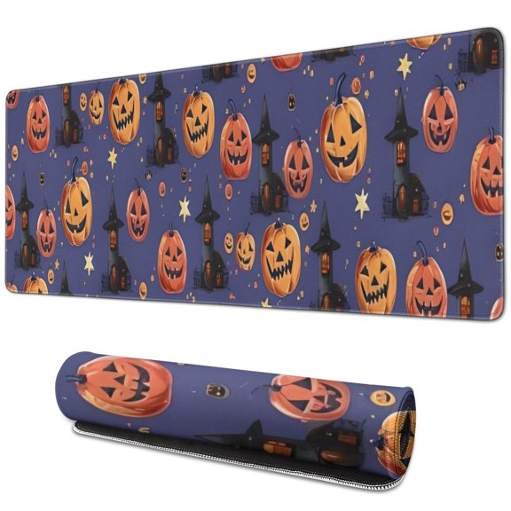 Long Mouse Pads for Desk,Magical Pumpkin Castle Halloween Pattern Desk Mats on Top Of Desks, Desk Mouse Pad Extra Large with 3mm Non-Slip Base and Stitched Edge for Gaming,Office,Work,Home 31.5x11.8in