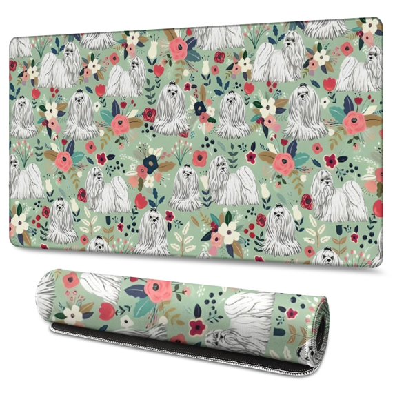 Long Mouse Pads for Desk,Maltese Dog and Flower Floral Desk Mats on Top Of Desks, Desk Mouse Pad Extra Large with 3mm Non-Slip Base and Stitched Edge for Gaming,Office,Work,Home 47.3"x23.6"