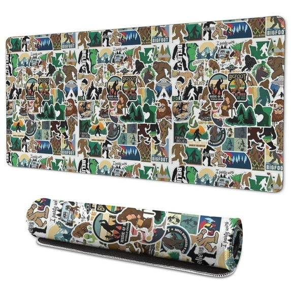 Long Mouse Pads for Desk,Multicolor Bigfoot and Sticker Pattern Desk Mats on Top Of Desks, Desk Mouse Pad Extra Large with 3mm Non-Slip Base and Stitched Edge for Gaming,Office,Work,Home 35.4"x15.7"