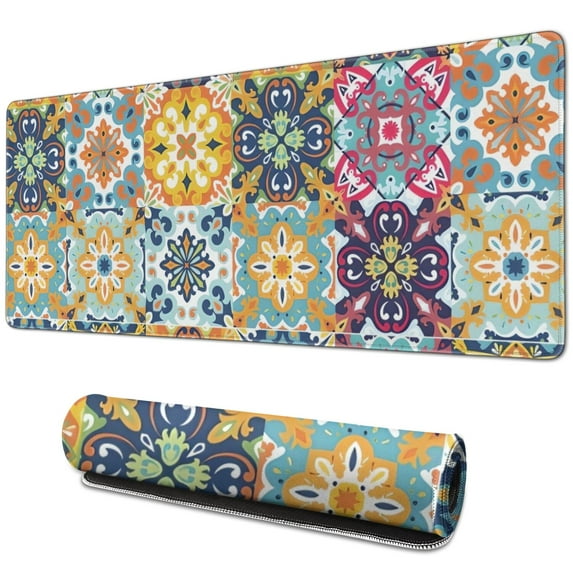Long Mouse Pads for Desk,Multicolor Ethnic Floral Pattern Desk Mats on Top Of Desks, Desk Mouse Pad Extra Large with 3mm Non-Slip Base and Stitched Edge for Gaming,Office,Work,Home 31.5"x11.8"