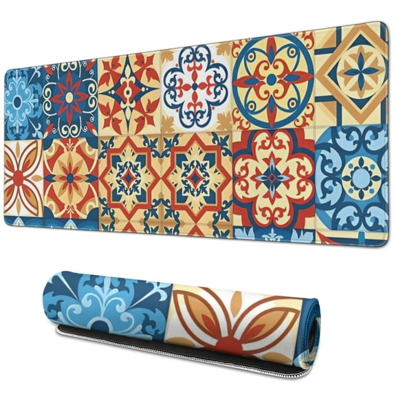 Long Mouse Pads for Desk,Multicolor Ethnic Geometric Patchwork Desk Mats on Top Of Desks, Desk Mouse Pad Extra Large with 3mm Non-Slip Base and Stitched Edge for Gaming,Work,Home 31.5"x11.8"
