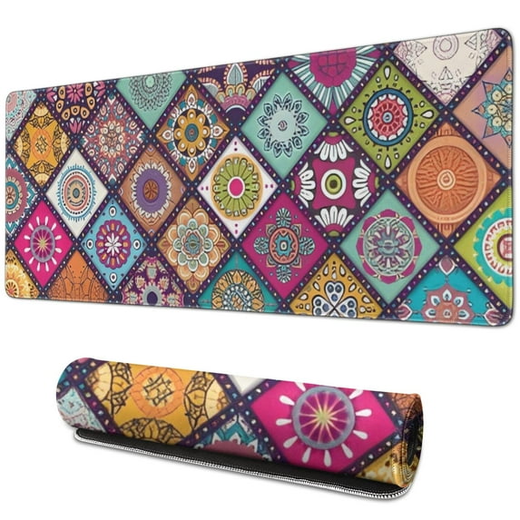 Long Mouse Pads for Desk,Multicolor Ethnic Geometric Patchwork Desk Mats on Top Of Desks, Desk Mouse Pad Extra Large with 3mm Non-Slip Base and Stitched Edge for Gaming,Work,Home 31.5"x11.8"