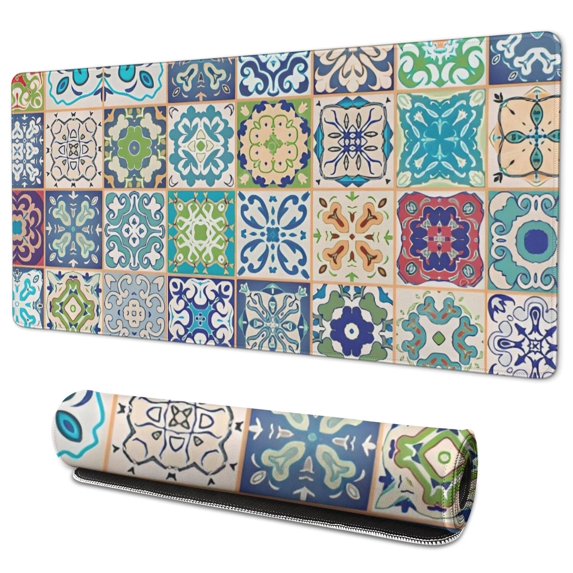 Long Mouse Pads for Desk,Multicolor Ethnic Geometric Patchwork Desk Mats on Top Of Desks, Desk Mouse Pad Extra Large with 3mm Non-Slip Base and Stitched Edge for Gaming,Work,Home 35.4"x15.7"