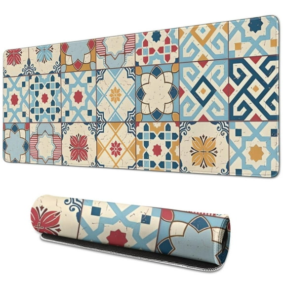 Long Mouse Pads for Desk,Multicolor Ethnic Geometric Patchwork Desk Mats on Top Of Desks, Desk Mouse Pad Extra Large with 3mm Non-Slip Base and Stitched Edge for Gaming,Work,Home 31.5"x11.8"