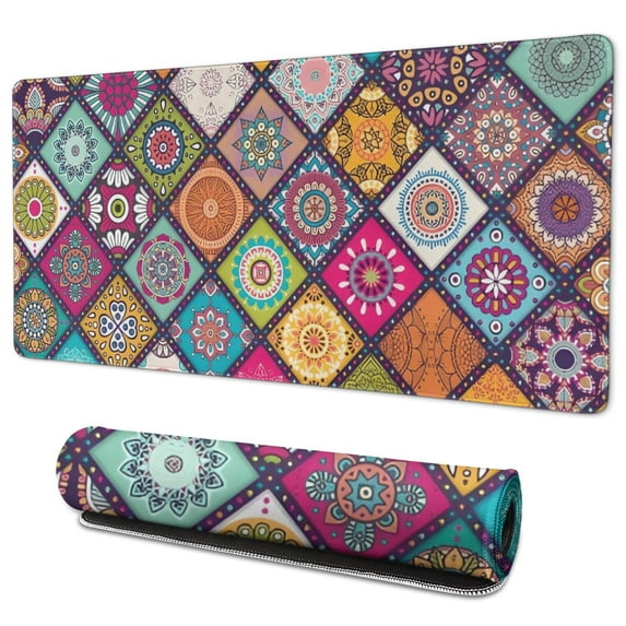 Long Mouse Pads for Desk,Multicolor Ethnic Mandala Pattern Desk Mats on Top Of Desks, Desk Mouse Pad Extra Large with 3mm Non-Slip Base and Stitched Edge for Gaming,Office,Work,Home 35.4"x15.7"