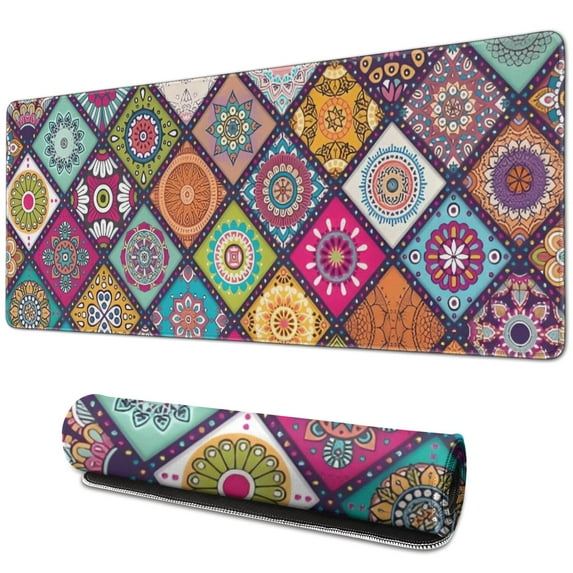 Long Mouse Pads for Desk,Multicolor Ethnic Mandala Pattern Desk Mats on Top Of Desks, Desk Mouse Pad Extra Large with 3mm Non-Slip Base and Stitched Edge for Gaming,Office,Work,Home 31.5"x11.8"