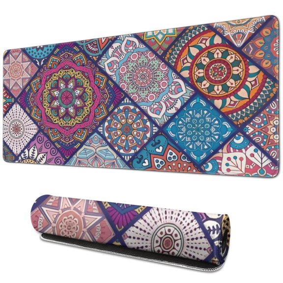 Long Mouse Pads for Desk,Multicolor Ethnic Mandala Pattern Desk Mats on Top Of Desks, Desk Mouse Pad Extra Large with 3mm Non-Slip Base and Stitched Edge for Gaming,Office,Work,Home 31.5"x11.8"
