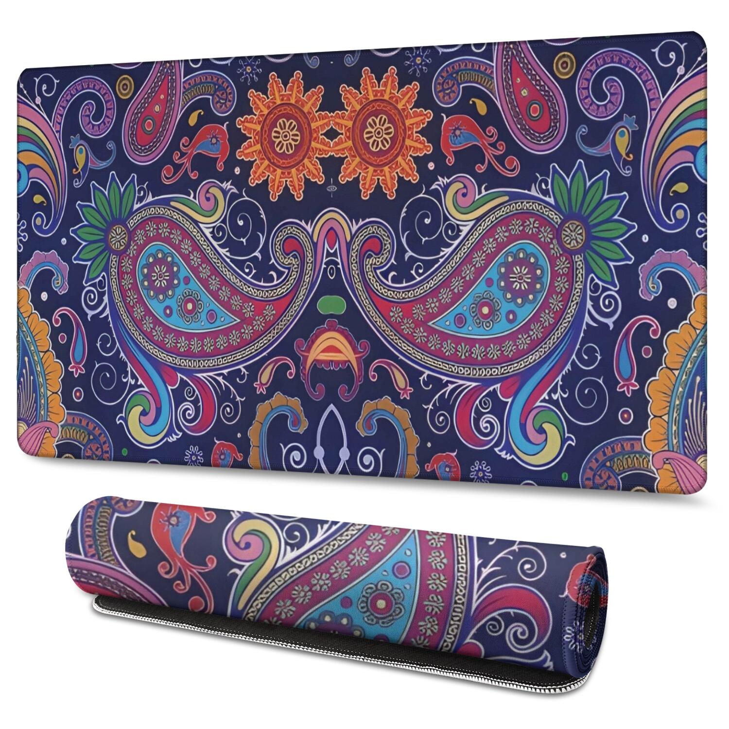 Long Mouse Pads for Desk,Multicolor Ethnic Paisley Pattern Desk Mats on Top Of Desks, Desk Mouse Pad Extra Large with 3mm Non-Slip Base and Stitched Edge for Gaming,Office,Work,Home 47.3"x23.6"