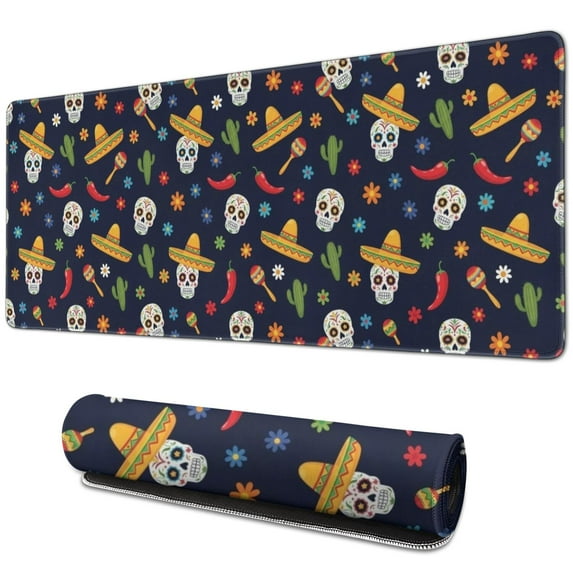 Long Mouse Pads for Desk,Navy Mexican Skull Pattern Desk Mats on Top Of Desks, Desk Mouse Pad Extra Large with 3mm Non-Slip Base and Stitched Edge for Gaming,Office,Work,Home 31.5"x11.8"