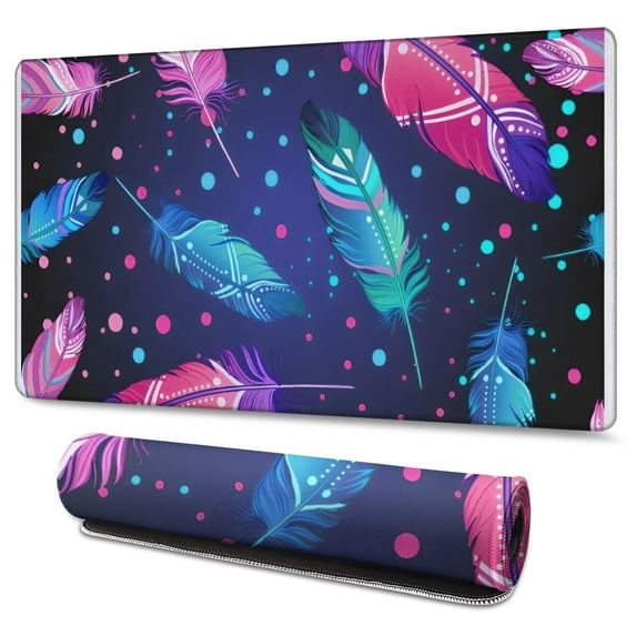 Long Mouse Pads for Desk,Neon Feather with Dots Pattern Desk Mats on Top Of Desks, Desk Mouse Pad Extra Large with 3mm Non-Slip Base and Stitched Edge for Gaming,Office,Work,Home 47.3"x23.6"
