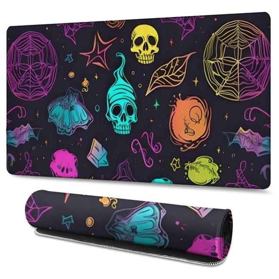 Long Mouse Pads for Desk,Neon Halloween Pattern Desk Mats on Top Of Desks, Desk Mouse Pad Extra Large with 3mm Non-Slip Base and Stitched Edge for Gaming,Office,Work,Home 47.3x23.6in