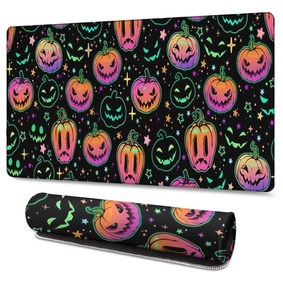 Long Mouse Pads for Desk,Neon Halloween Pumpkins Pattern Desk Mats on Top Of Desks, Desk Mouse Pad Extra Large with 3mm Non-Slip Base and Stitched Edge for Gaming,Office,Work,Home 47.3x23.6in