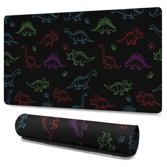Long Mouse Pads for Desk,Neon Outline Dinosaurs Desk Mats on Top Of Desks, Desk Mouse Pad Extra Large with 3mm Non-Slip Base and Stitched Edge for Gaming,Office,Work,Home 47.3"x23.6"