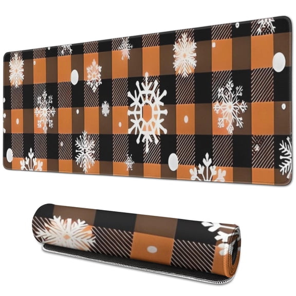 Long Mouse Pads for Desk,Orange and Black Plaid Christmas Snowflake Desk Mats on Top Of Desks, Desk Mouse Pad Extra Large with 3mm Non-Slip Base and Stitched Edge for Gaming,Work,Home 31.5x11.8in