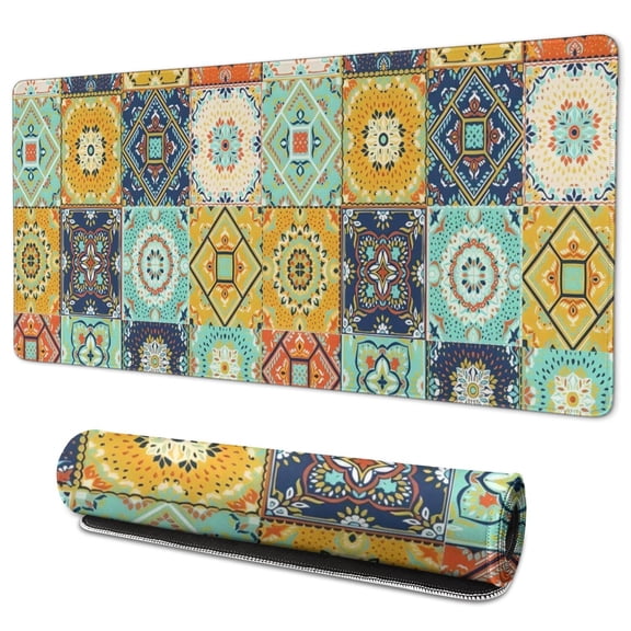 Long Mouse Pads for Desk,Orange Boho Bohemia Floral Geometric Desk Mats on Top Of Desks, Desk Mouse Pad Extra Large with 3mm Non-Slip Base and Stitched Edge for Gaming,Work,Home 35.4"x15.7"