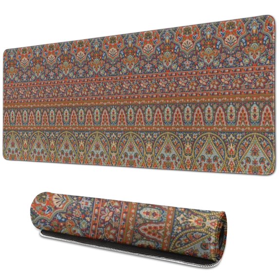 Long Mouse Pads for Desk,Orange Boho Ethnic Paisley Pattern Desk Mats on Top Of Desks, Desk Mouse Pad Extra Large with 3mm Non-Slip Base and Stitched Edge for Gaming,Office,Work,Home 31.5"x11.8"