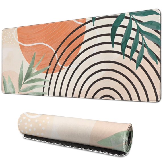 Long Mouse Pads for Desk,Orange Boho Geometric and Plant Pattern Desk Mats on Top Of Desks, Desk Mouse Pad Extra Large with 3mm Non-Slip Base and Stitched Edge for Gaming,Office,Work,Home 31.5"x11.8"