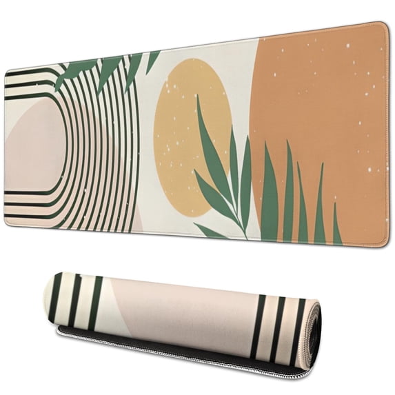 Long Mouse Pads for Desk,Orange Boho Geometric and Plant Pattern Desk Mats on Top Of Desks, Desk Mouse Pad Extra Large with 3mm Non-Slip Base and Stitched Edge for Gaming,Office,Work,Home 31.5"x11.8"