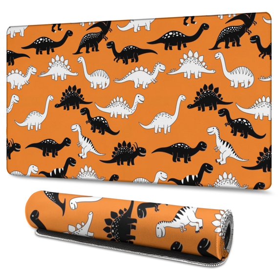 Long Mouse Pads for Desk,Orange Cartoon Black White Dinosaurs Desk Mats on Top Of Desks, Desk Mouse Pad Extra Large with 3mm Non-Slip Base and Stitched Edge for Gaming,Work,Home 47.3"x23.6"