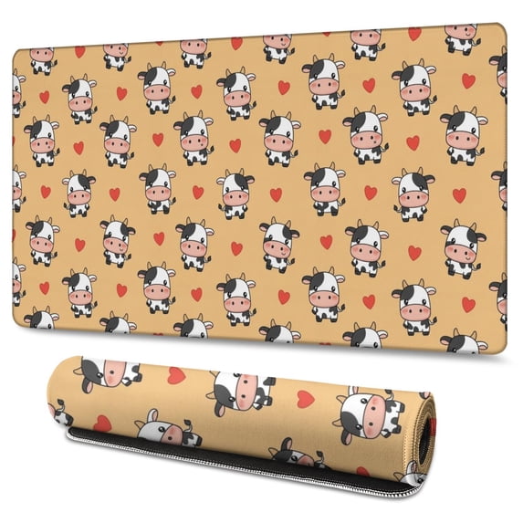 Long Mouse Pads for Desk,Orange Cow Heart Pattern Desk Mats on Top Of Desks, Desk Mouse Pad Extra Large with 3mm Non-Slip Base and Stitched Edge for Gaming,Office,Work,Home 47.3"x23.6"
