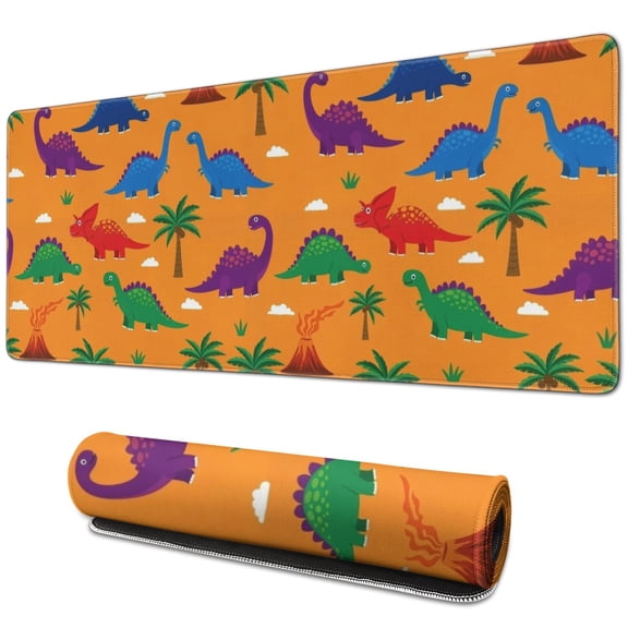 Long Mouse Pads for Desk,Orange Dinosaur Volcano Pattern Desk Mats on Top Of Desks, Desk Mouse Pad Extra Large with 3mm Non-Slip Base and Stitched Edge for Gaming,Office,Work,Home 31.5"x11.8"