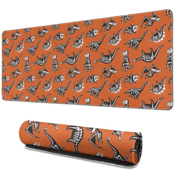 Long Mouse Pads for Desk,Orange Dinosaurs Skeletons Pattern Desk Mats on Top Of Desks, Desk Mouse Pad Extra Large with 3mm Non-Slip Base and Stitched Edge for Gaming,Office,Work,Home 31.5"x11.8"