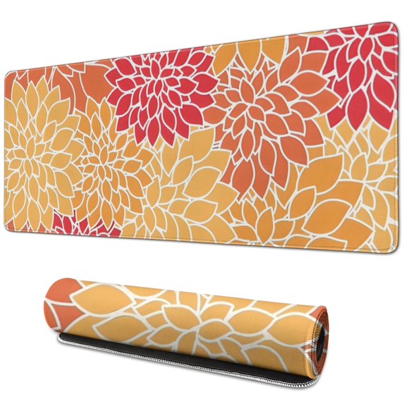 Long Mouse Pads for Desk,Orange Floral and Petal Pattern Desk Mats on Top Of Desks, Desk Mouse Pad Extra Large with 3mm Non-Slip Base and Stitched Edge for Gaming,Office,Work,Home 31.5"x11.8"