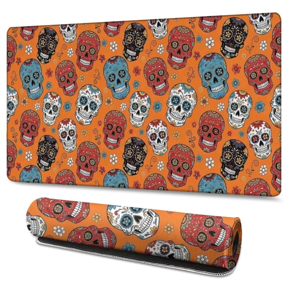 Long Mouse Pads for Desk,Orange Flower Skull Pattern Desk Mats on Top Of Desks, Desk Mouse Pad Extra Large with 3mm Non-Slip Base and Stitched Edge for Gaming,Office,Work,Home 47.3"x23.6"