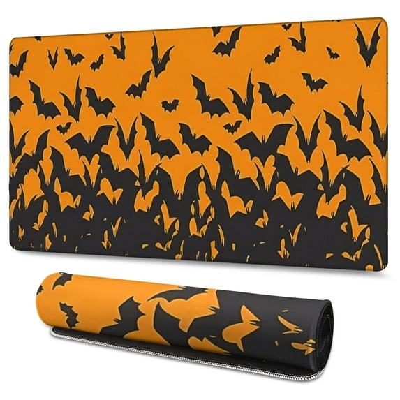Long Mouse Pads for Desk,Orange Halloween Bats Desk Mats on Top Of Desks, Desk Mouse Pad Extra Large with 3mm Non-Slip Base and Stitched Edge for Gaming,Office,Work,Home 47.3x23.6in