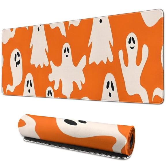 Long Mouse Pads for Desk,Orange Halloween Ghosts Desk Mats on Top Of Desks, Desk Mouse Pad Extra Large with 3mm Non-Slip Base and Stitched Edge for Gaming,Office,Work,Home 31.5x11.8in