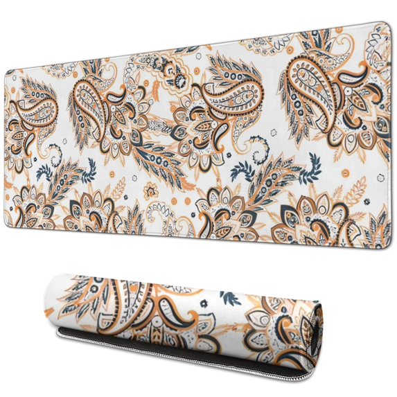 Long Mouse Pads for Desk,Orange Paisley Pattern Desk Mats on Top Of Desks, Desk Mouse Pad Extra Large with 3mm Non-Slip Base and Stitched Edge for Gaming,Office,Work,Home 31.5"x11.8"