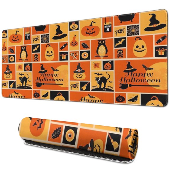 Long Mouse Pads for Desk,Patchwork Halloween Pattern Desk Mats on Top Of Desks, Desk Mouse Pad Extra Large with 3mm Non-Slip Base and Stitched Edge for Gaming,Office,Work,Home 31.5x11.8in