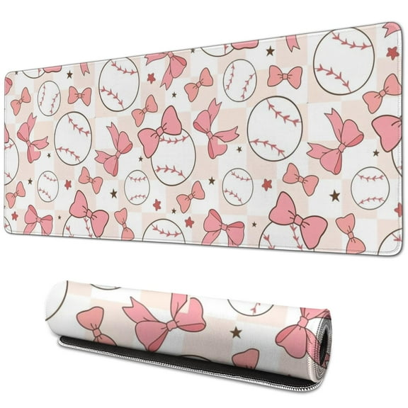 Long Mouse Pads for Desk,Pink Baseballs with Bows Pattern Desk Mats on Top Of Desks, Desk Mouse Pad Extra Large with 3mm Non-Slip Base and Stitched Edge for Gaming,Office,Work,Home 31.5"x11.8"