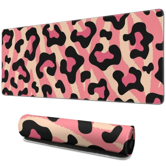Long Mouse Pads for Desk,Pink and Black Of Leopard Print Desk Mats on Top Of Desks, Desk Mouse Pad Extra Large with 3mm Non-Slip Base and Stitched Edge for Gaming,Office,Work,Home 31.5"x11.8"