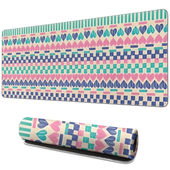 Long Mouse Pads for Desk,Pink and Blue Heart Shaped Boho Pattern Desk Mats on Top Of Desks, Desk Mouse Pad Extra Large with 3mm Non-Slip Base and Stitched Edge for Gaming,Office,Work,Home 31.5"x11.8"