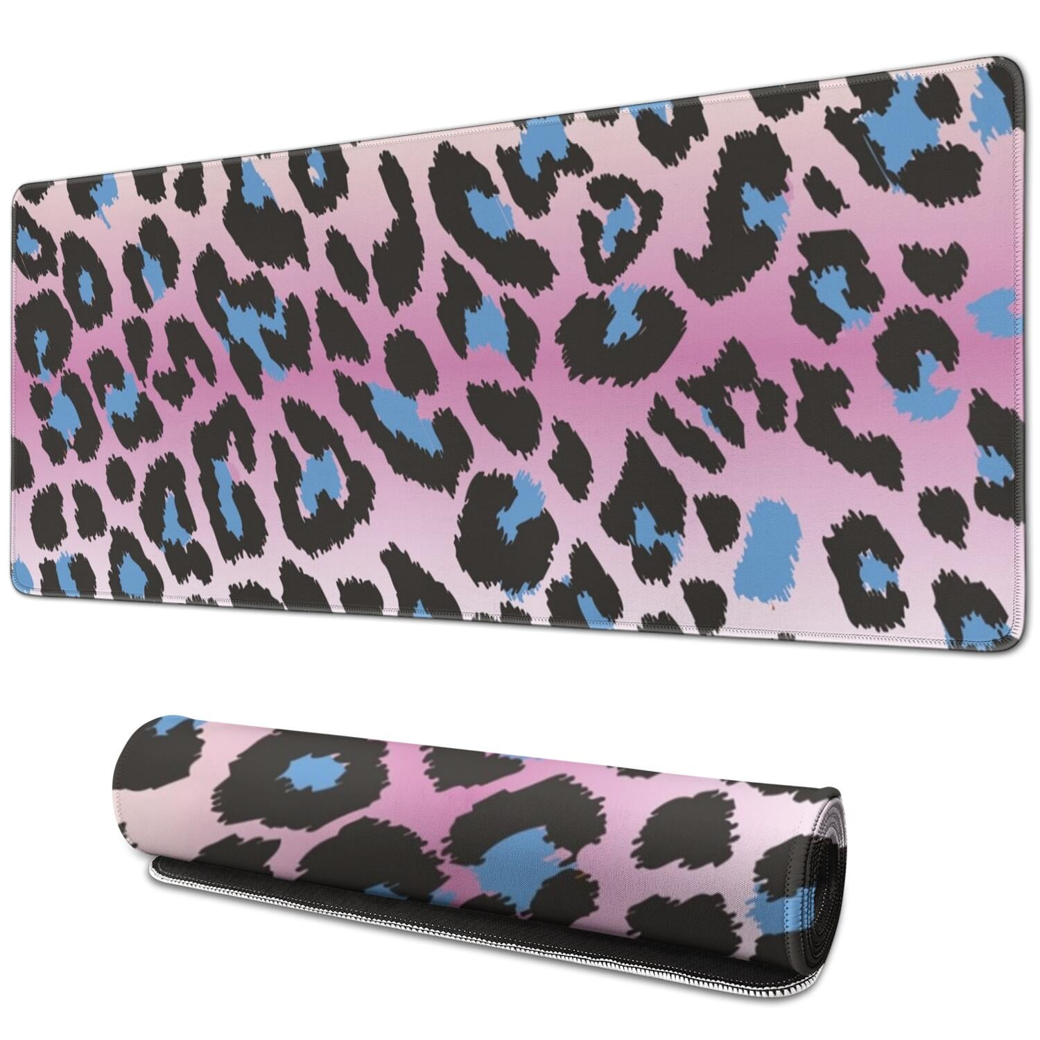 Long Mouse Pads for Desk,Pink and Blue Of Leopard Print Desk Mats on Top Of Desks, Desk Mouse Pad Extra Large with 3mm Non-Slip Base and Stitched Edge for Gaming,Office,Work,Home 31.5"x11.8"
