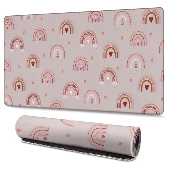 Long Mouse Pads for Desk,Pink Boho Bohemia Rainbow Hearts Pattern Desk Mats on Top Of Desks, Desk Mouse Pad Extra Large with 3mm Non-Slip Base and Stitched Edge for Gaming,Office,Work,Home 47.3"x23.6"