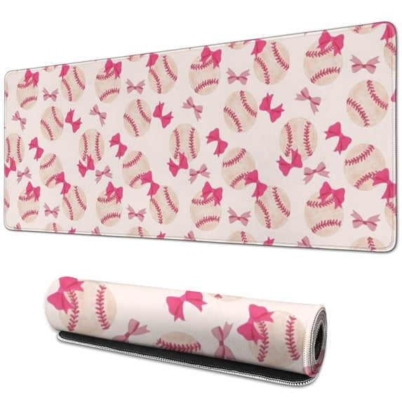 Long Mouse Pads for Desk,Pink Bows and Baseballs Pattern Desk Mats on Top Of Desks, Desk Mouse Pad Extra Large with 3mm Non-Slip Base and Stitched Edge for Gaming,Office,Work,Home 31.5"x11.8"