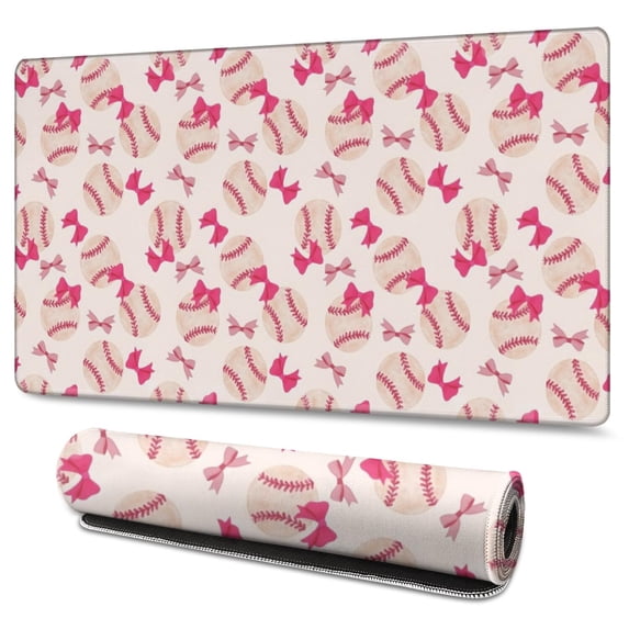 Long Mouse Pads for Desk,Pink Bows and Baseballs Pattern Desk Mats on Top Of Desks, Desk Mouse Pad Extra Large with 3mm Non-Slip Base and Stitched Edge for Gaming,Office,Work,Home 47.3"x23.6"